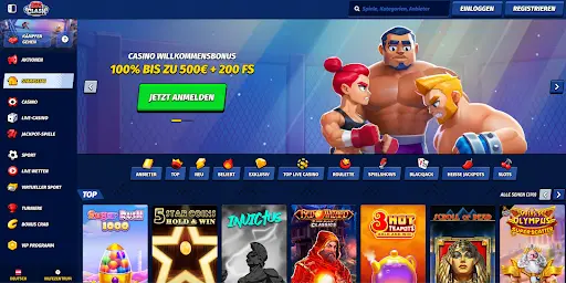 BigClash Casino – Jetzt registrieren und 100% Bonus bis zu 500€ + 200 Freispiele sichern Startseite von BigClash Casino mit Willkommensbonus und Spielauswahl