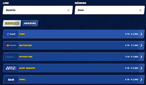 Einzahlungsmethoden im BigClash Casino für Österreich – Unterstützt Euro, FunID, Mastercard, Paysafecard, Rapid Transfer und Skrill Zahlungsmethoden für Einzahlungen in Österreich mit Euro: FunID, Mastercard, Paysafecard, Rapid Transfer, Skrill. Limits von €10 bis €5.000.