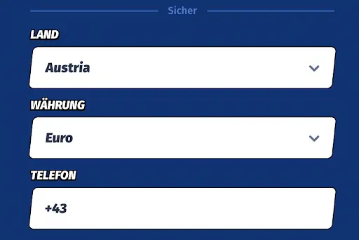 Dropdown-Felder zur Auswahl von Land (Austria), Währung (Euro) und Eingabefeld für Telefonnummer mit Landesvorwahl +43