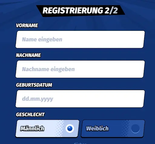 Registrierungsformular Schritt 2 mit Feldern für Vorname, Nachname, Geburtsdatum und Auswahl des Geschlechts