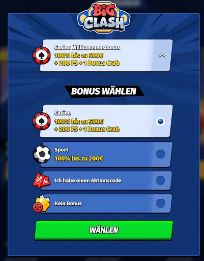 BigClash Bonusauswahl mit Casino- und Sportangeboten, Aktionscode oder ohne Bonus