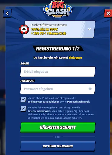 Jetzt bei BigClash registrieren und Willkommensbonus bis 500 € + 200 FS + 1 Bonus Crab sichern BigClash Casino Registrierung – 100 % Bonus bis zu 500 €, 200 Freispiele und 1 Bonus Crab