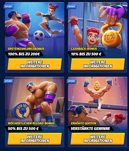 Sportboni bei BigClash – 100 % Ersteinzahlungsbonus bis 200 €, 10 % Cashback bis 500 €, 50 % Reload bis 500 €, erhöhte Quoten für bessere Gewinne