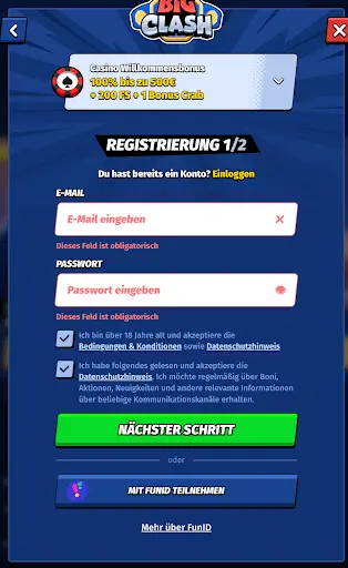 Registrierungsformular bei BigClash mit Willkommensbonus, E-Mail- und Passwortfeldern, Checkboxen und Optionen zur Teilnahme mit FunID